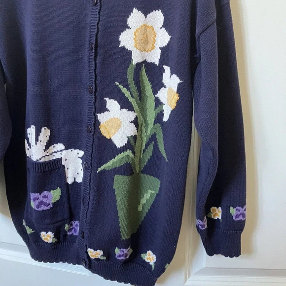 Vintage Aston Cardigan Womens XL Daffodil Gardener Granny Blue Knit Sweater - Picture 2 of 6
